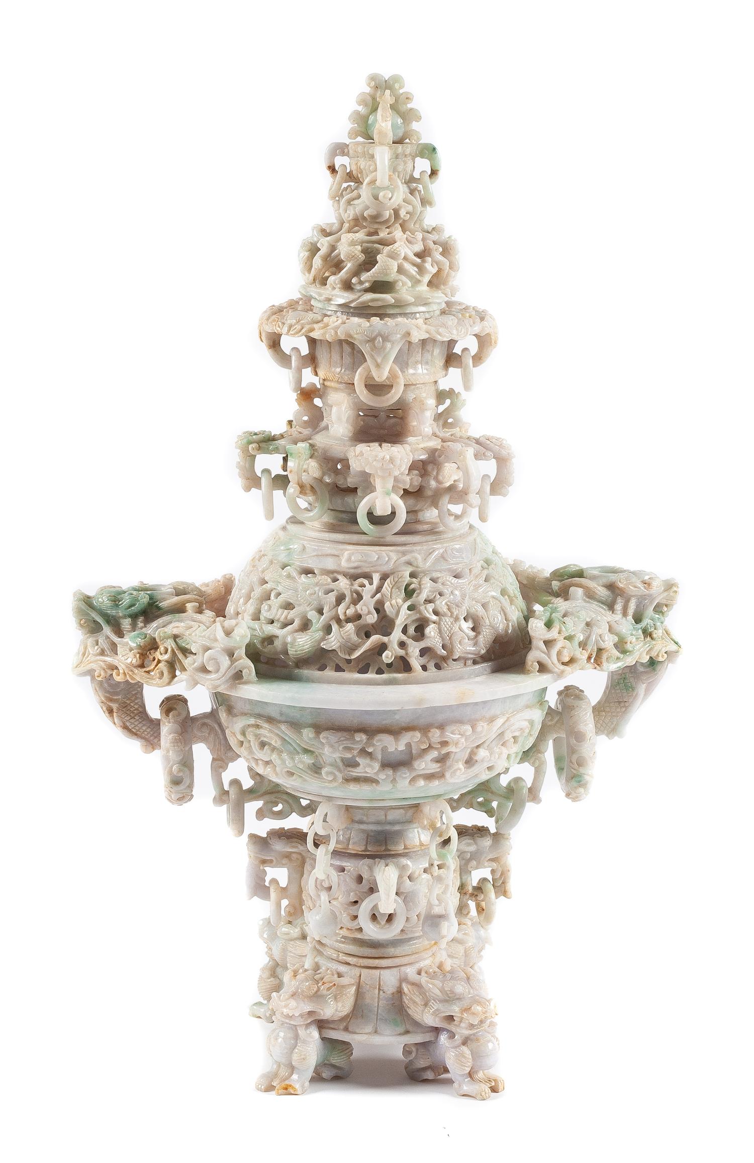 A Chinese Jadeite Censer Height 20 x width 12 inches.