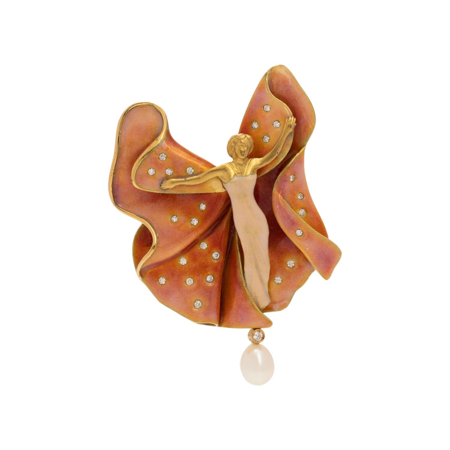 DIAMOND, CULTURED PEARL AND ENAMEL PENDANT/BROOCH