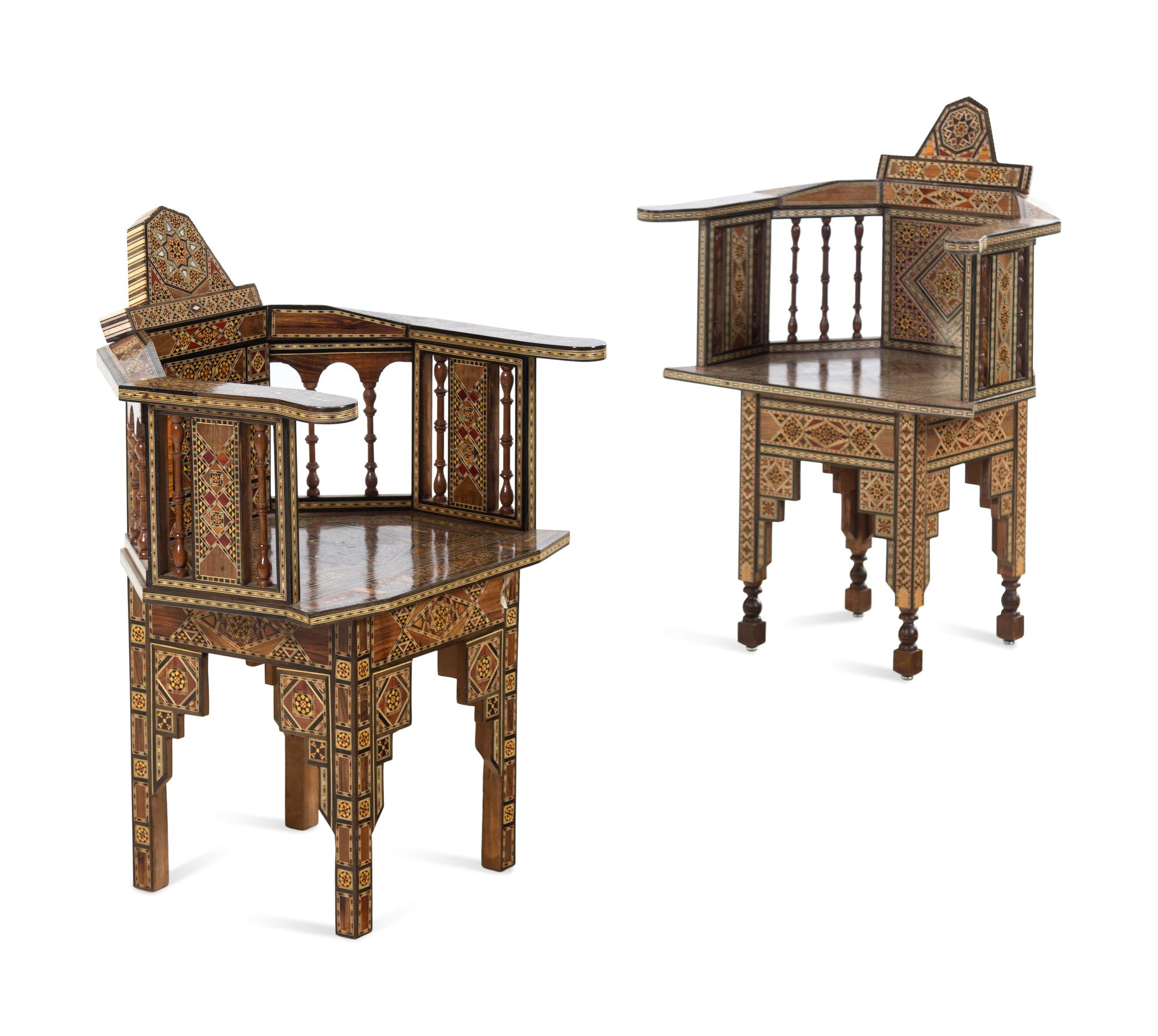 A Pair of Syrian Mosaic-Inlaid Armchairs