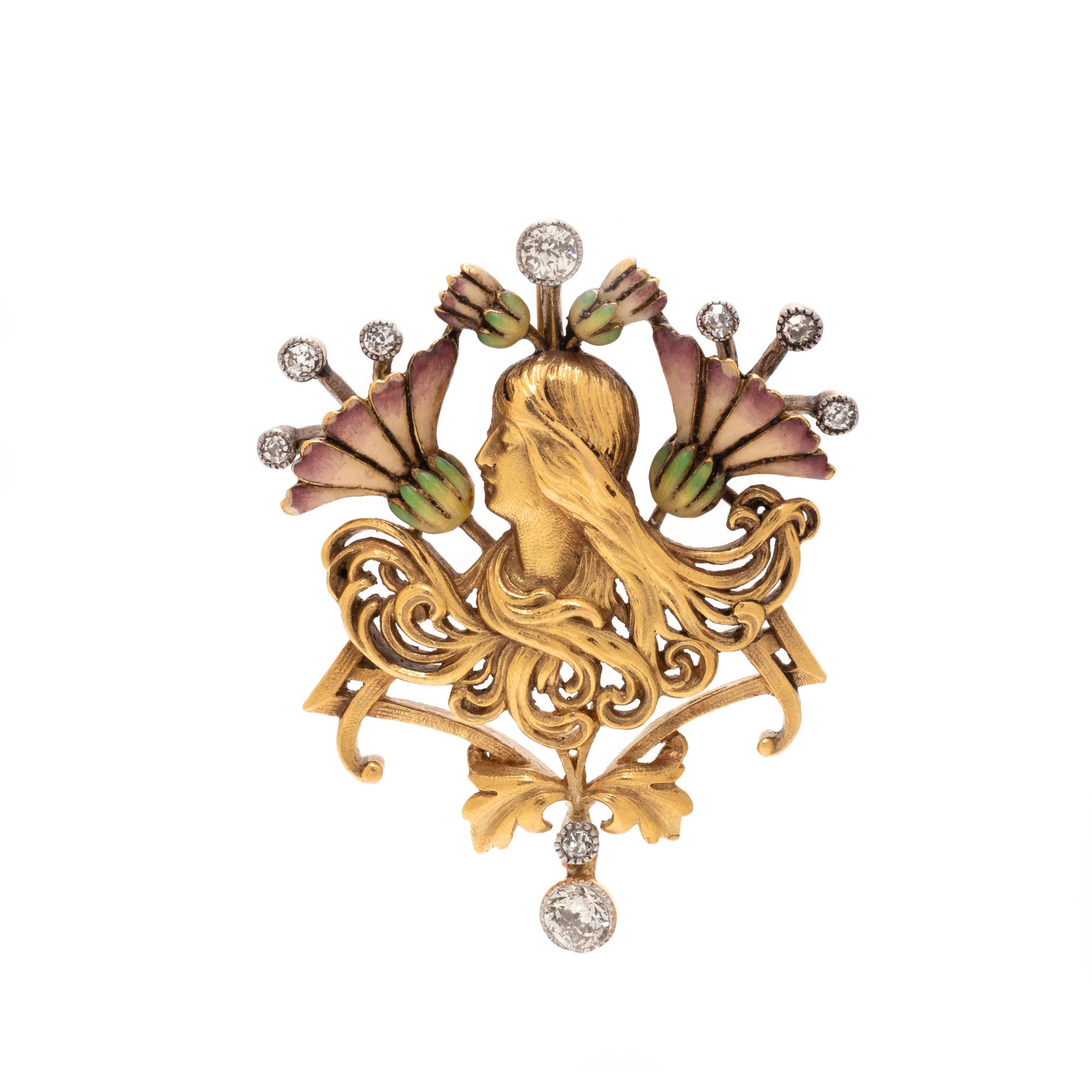 ART NOUVEAU, YELLOW GOLD, DIAMOND AND POLYCHROME ENAMEL PENDANT