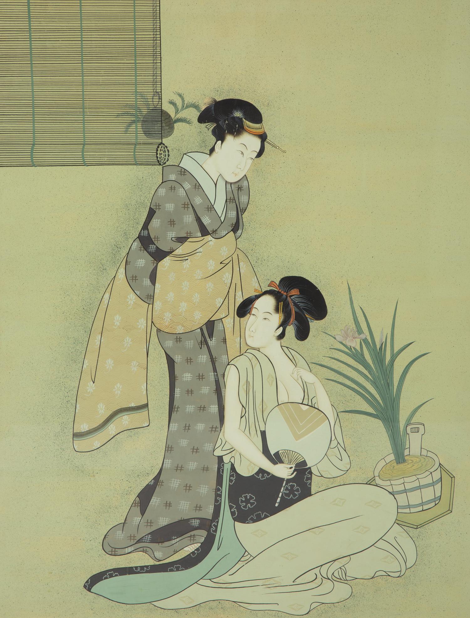 A Modern Japanese Painting on Silk Floating in a Glass Frame