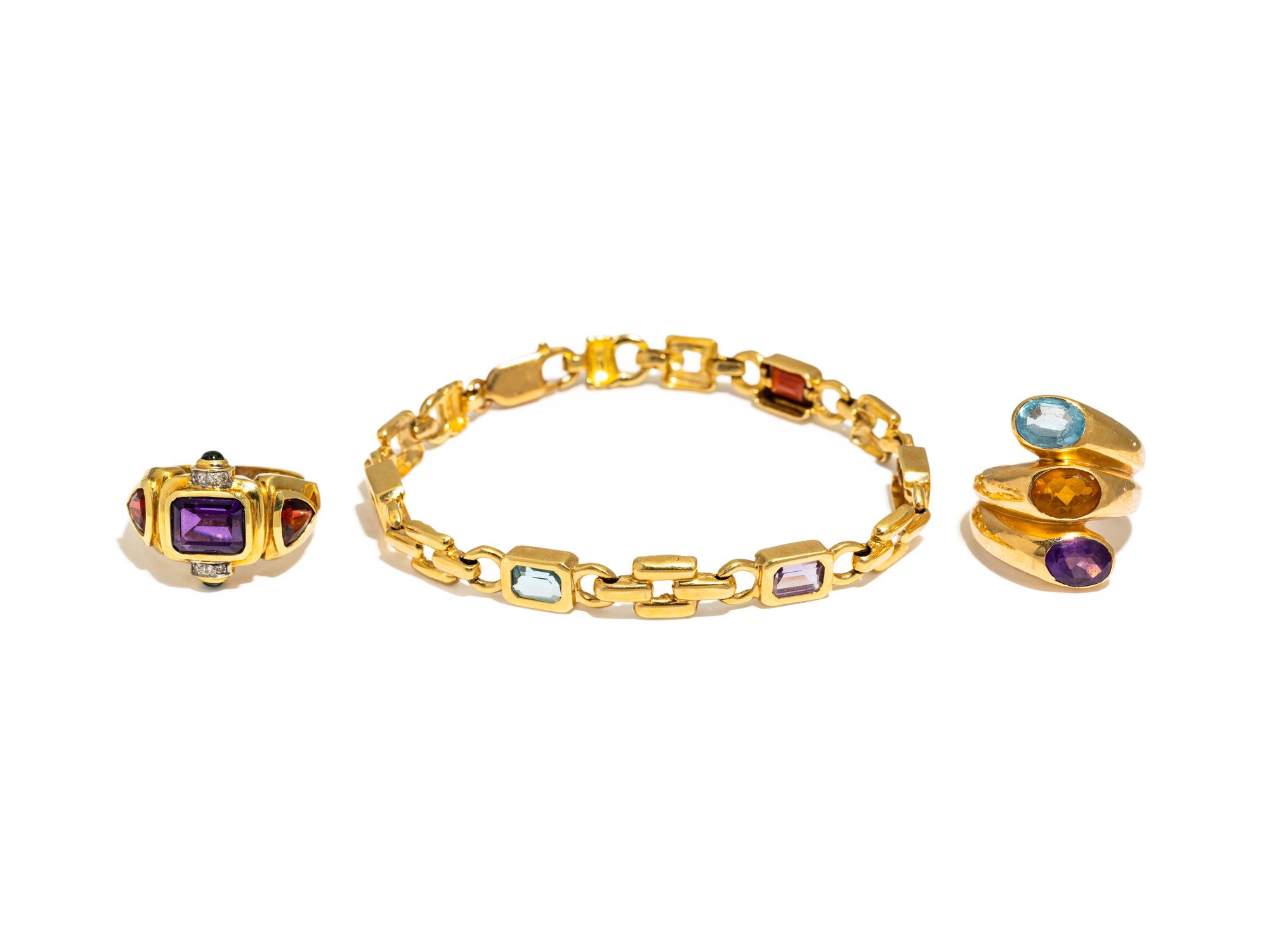 COLLECTION OF YELLOW GOLD AND MULTIGEM JEWELRY