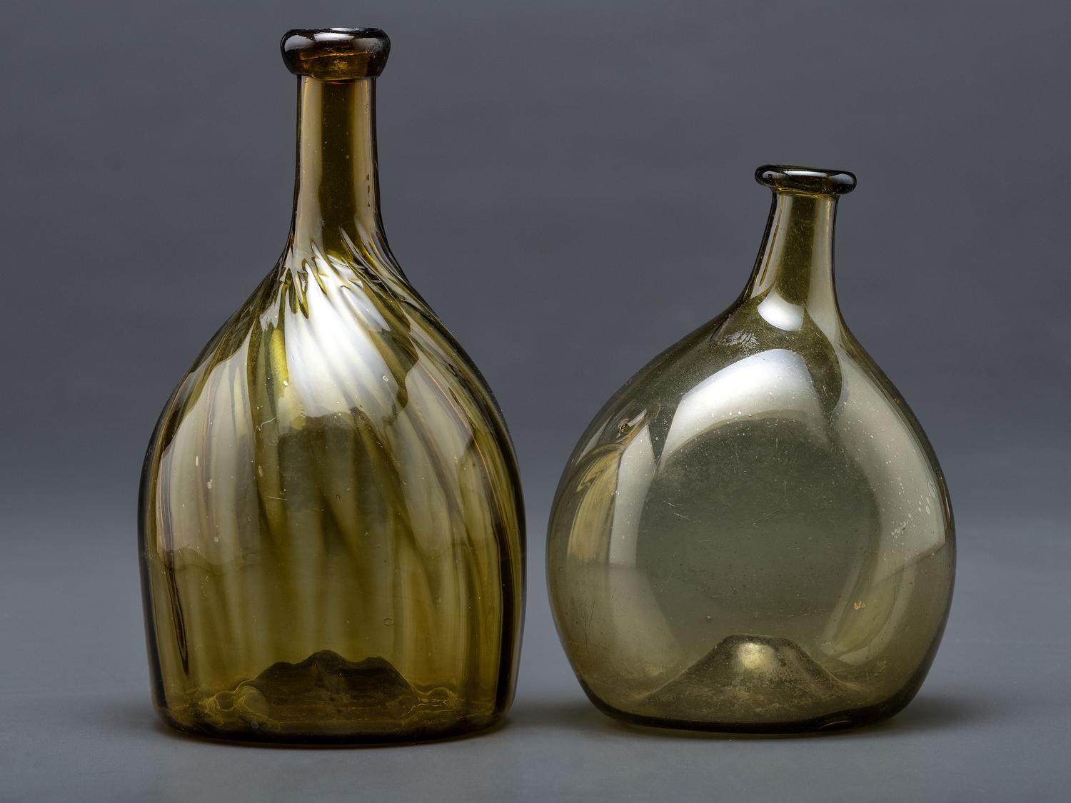 Two Blown Glass Bottles in Olive