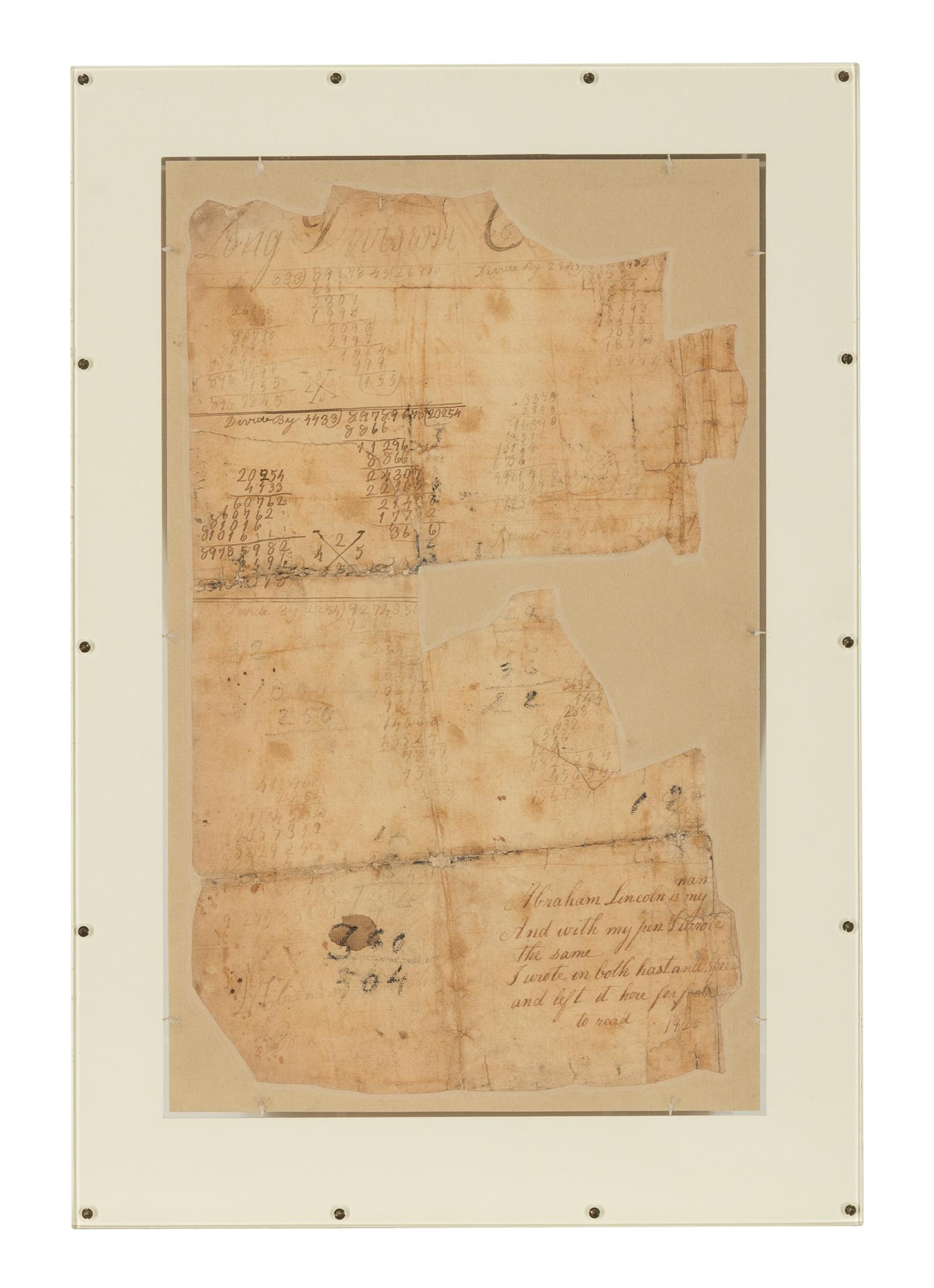 LINCOLN, Abraham (1809-1865). Autograph sum book leaf signed twice ("Abraham Lincoln"). Pigeon Creek, Spencer County, Indiana, ca. 1824.