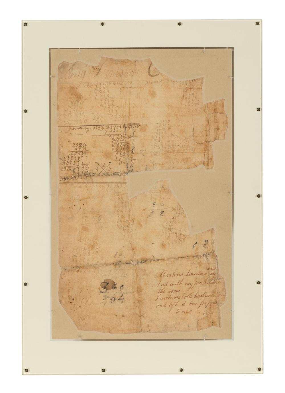 LINCOLN, Abraham (1809-1865). Autograph sum book leaf signed twice ("Abraham Lincoln"). Pigeon Creek, Spencer County, Indiana, ca. 1824.