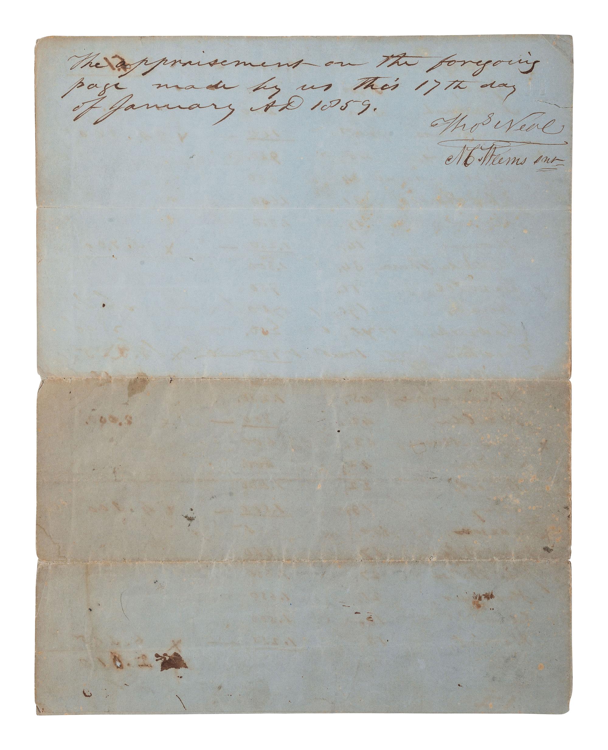[ENSLAVEMENT & ABOLITION]. Manuscript inventory and appraisement document listing over 80 enslaved persons at L'Esperance Plantation. N.p., 17 January 1859.