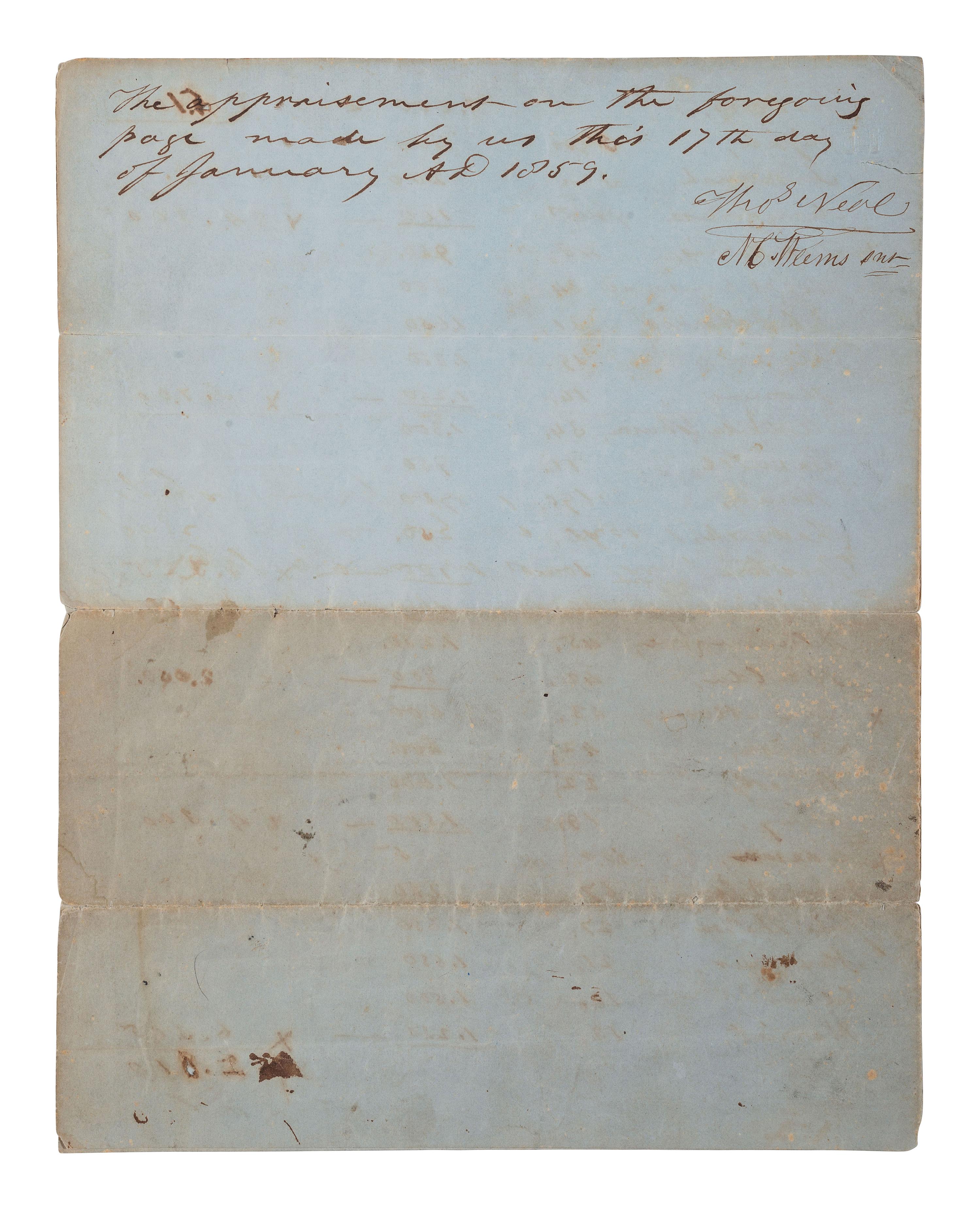 [ENSLAVEMENT & ABOLITION]. Manuscript inventory and appraisement document listing over 80 enslaved persons at L'Esperance Plantation. N.p., 17 January 1859.