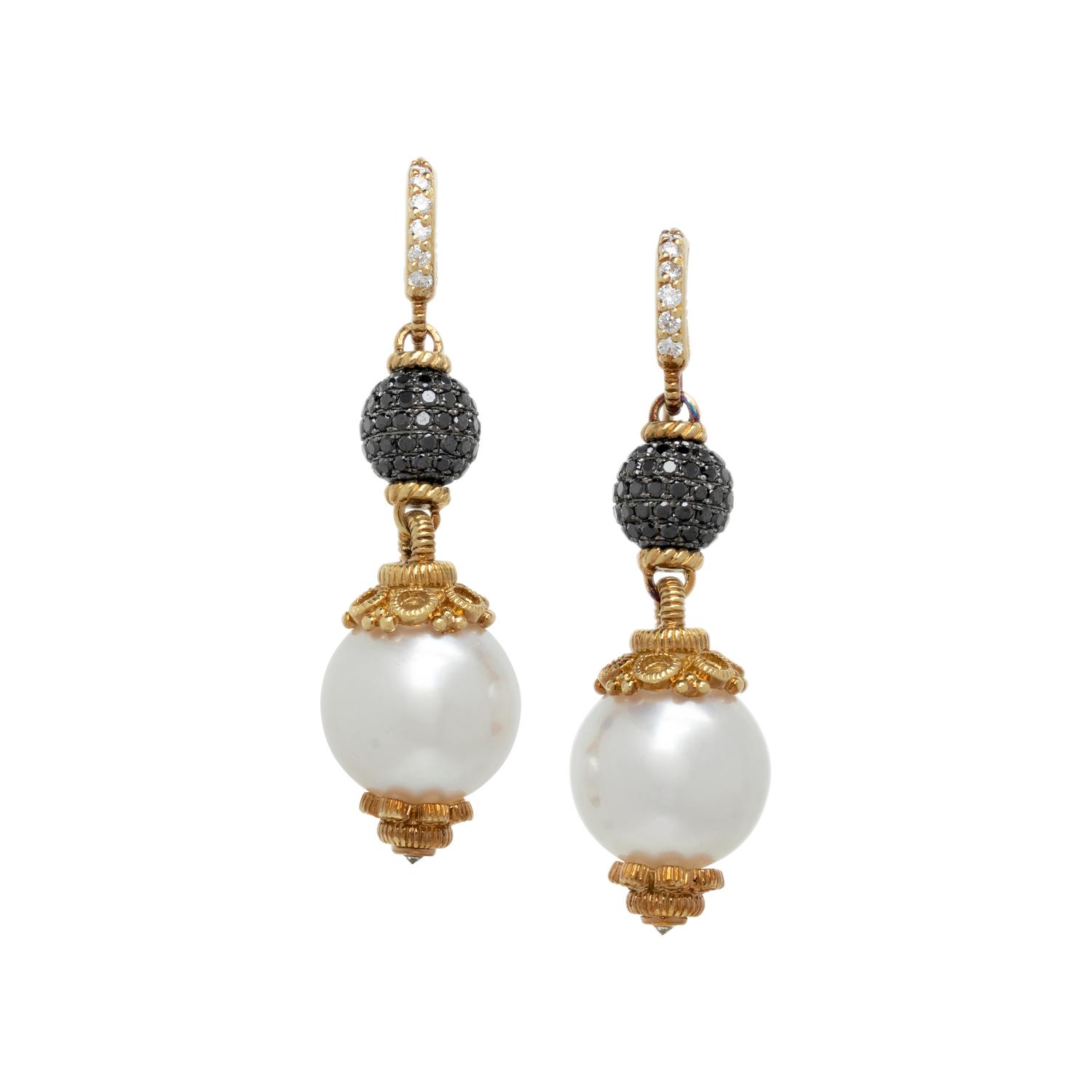 CULTURED SOUTH SEA PEARL, DIAMOND, AND BLACK DIAMOND EARRINGS