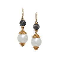 CULTURED SOUTH SEA PEARL, DIAMOND, AND BLACK DIAMOND EARRINGS