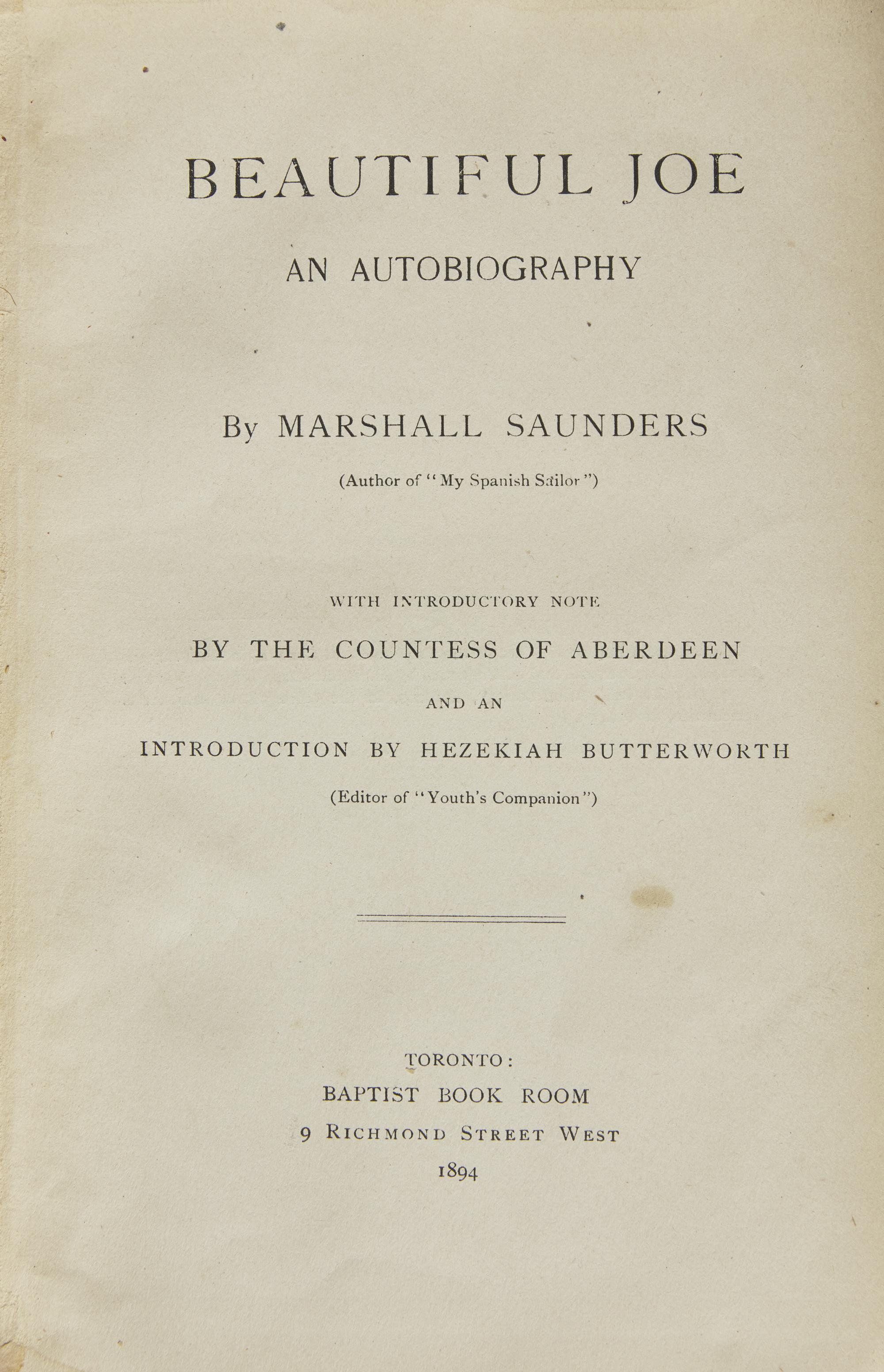 Saunders, Marshall. Beautiful Joe An Autobiography