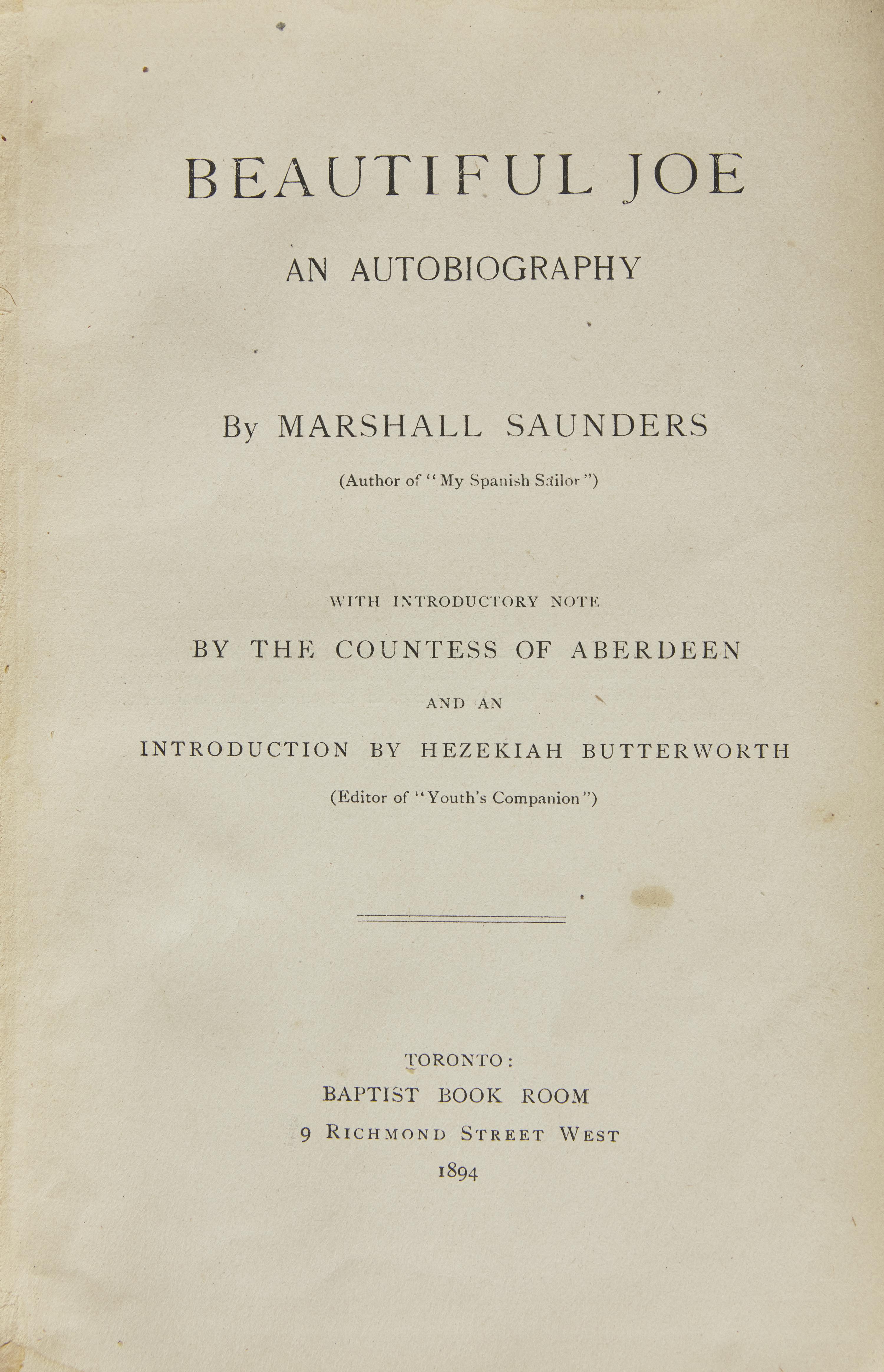 Saunders, Marshall. Beautiful Joe An Autobiography