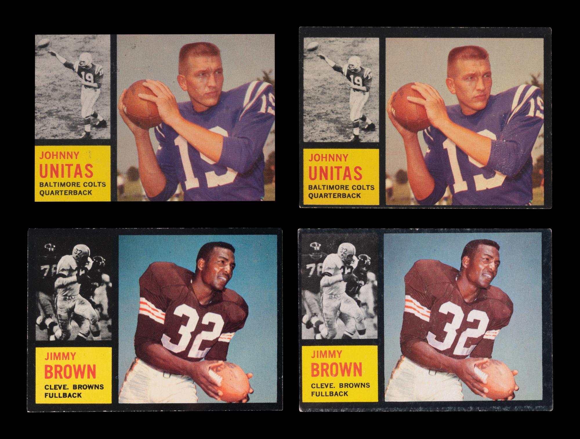 A Group of Four 1962 Topps Jim Brown and Johnny Unitas Football Cards,