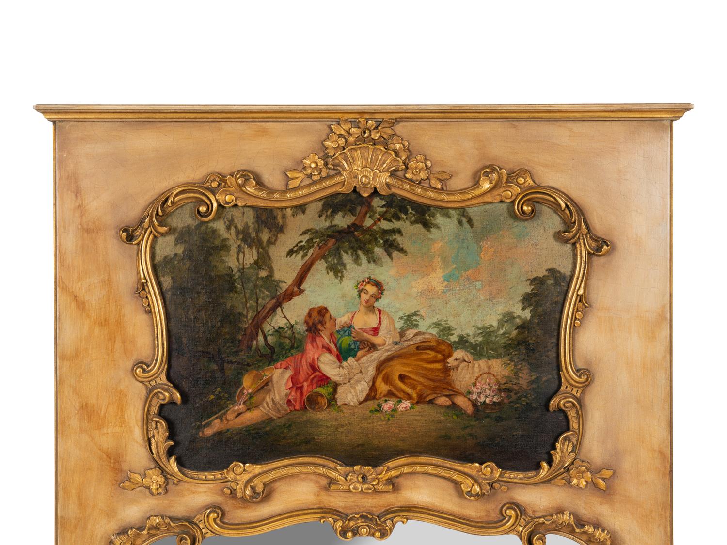 A French Painted and Parcel Gilt Trumeau Mirror