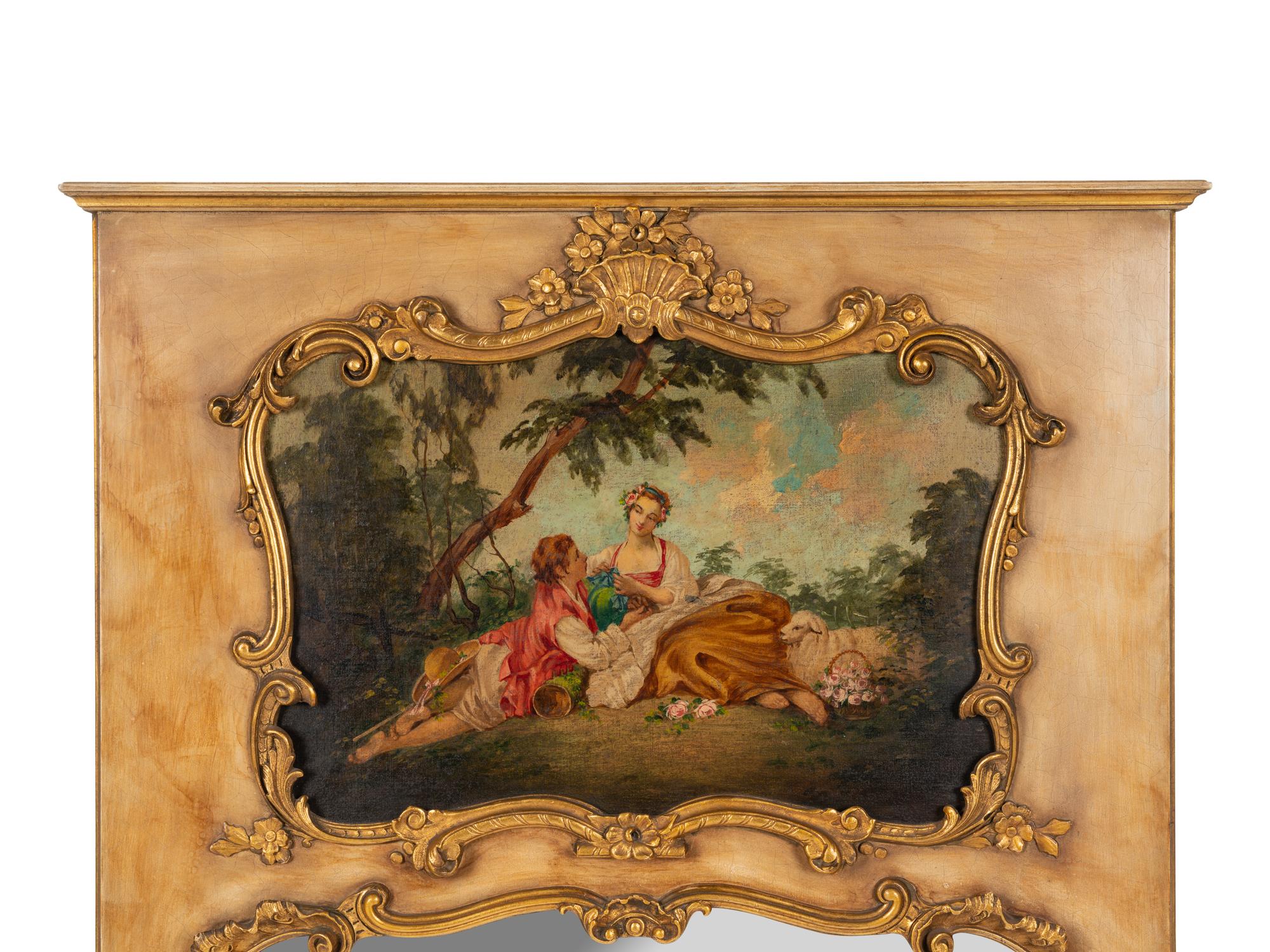 A French Painted and Parcel Gilt Trumeau Mirror