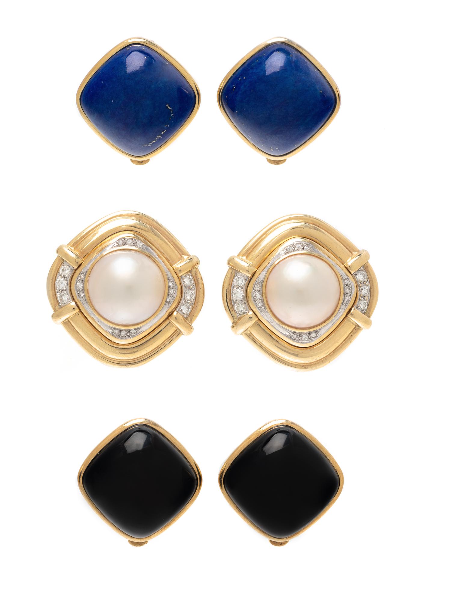 CONVERTIBLE YELLOW GOLD, DIAMOND AND GEMSTONE EARCLIPS