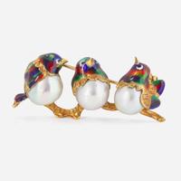 An 18K Yellow Gold, Pearl, and Enamel Brooch