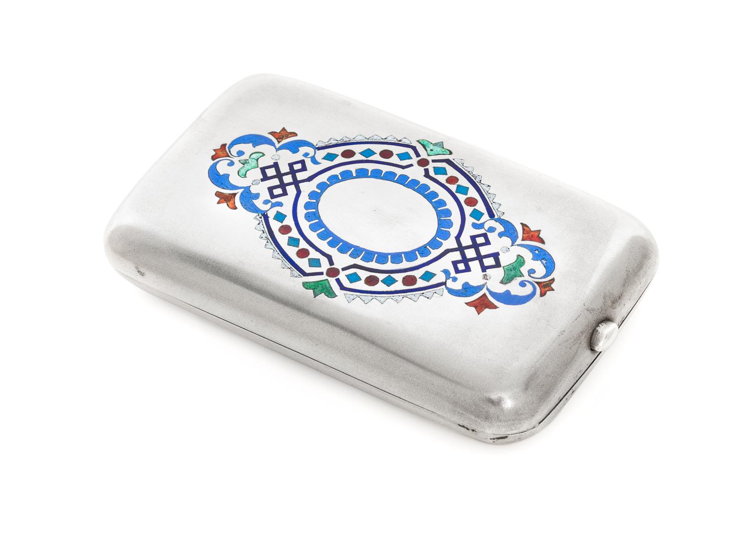 A Russian Enameled Silver Cigarette Case, Maker's mark GK, Moscow, late 19th century, the lid decorated with a painted scene of the Kre