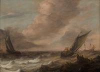 Pieter Mulier the Elder (Dutch, 1615-1670) — Dutch Fishing and Trade Vessels in Choppy Waters, A Town Beyond