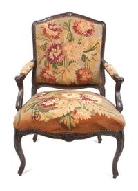 A Louis XV Tapestry Upholstered Fauteuil Height 35 3/4 inches.