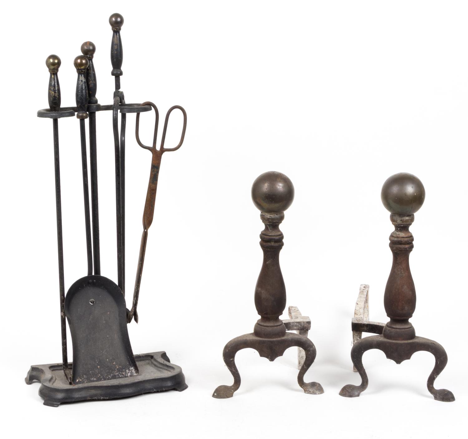 An Assembled Set of Fireplace Equipment Height of first pair 16 1/4 inches. — EARLY 20TH CENTURY