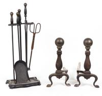 An Assembled Set of Fireplace Equipment Height of first pair 16 1/4 inches. — EARLY 20TH CENTURY