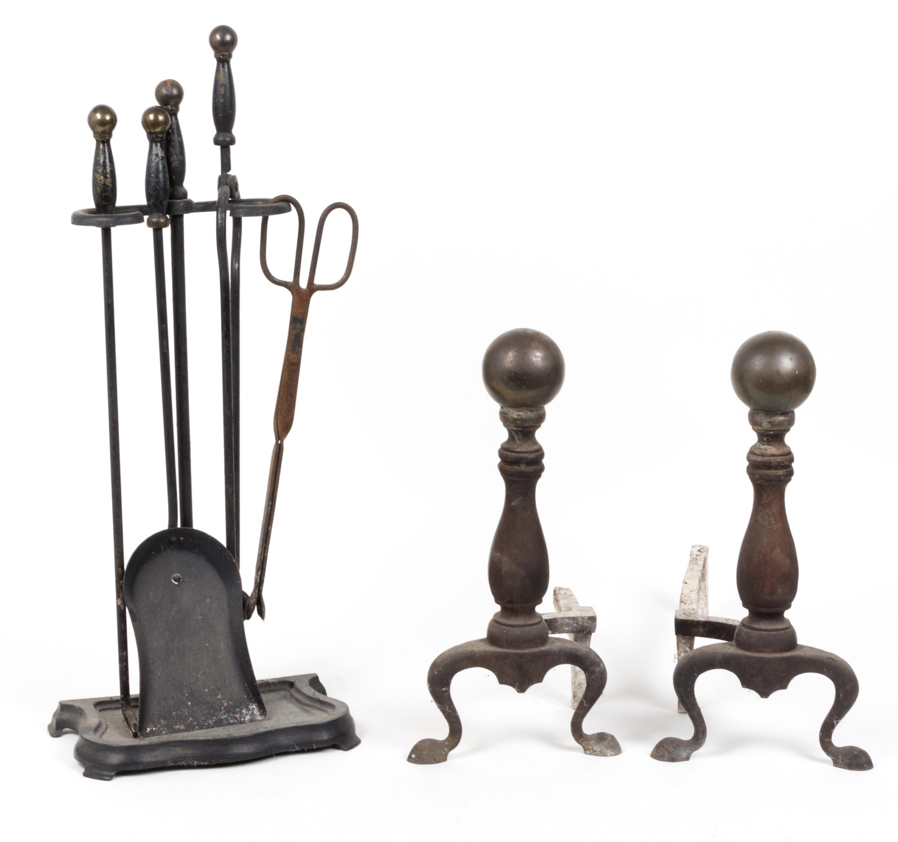 An Assembled Set of Fireplace Equipment Height of first pair 16 1/4 inches. — EARLY 20TH CENTURY