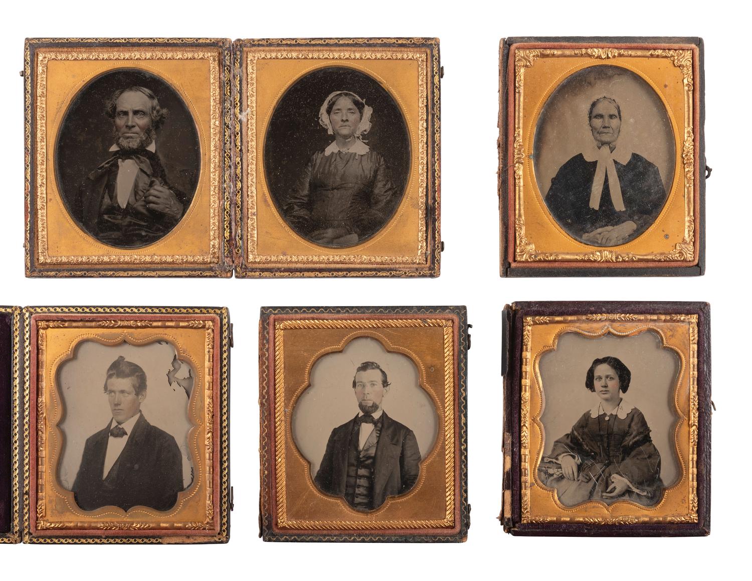 [EARLY PHOTOGRAPHY]. 38 sixth plate ambrotype and tintype portraits of men, women, and children.