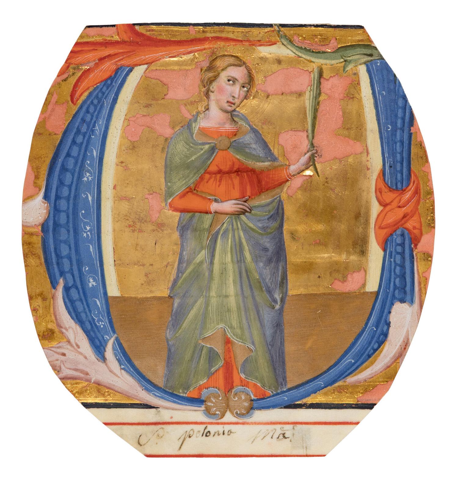 CIRCLE OF ANDREA DI BARTOLO (Siena, c. 1360/70-1429) Illuminated cutting with Saint Apollonia, from a Choir Book, illuminated manuscript on parchment, [Italy, c 1390s]