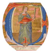 CIRCLE OF ANDREA DI BARTOLO (Siena, c. 1360/70-1429) Illuminated cutting with Saint Apollonia, from a Choir Book, illuminated manuscript on parchment, [Italy, c 1390s]