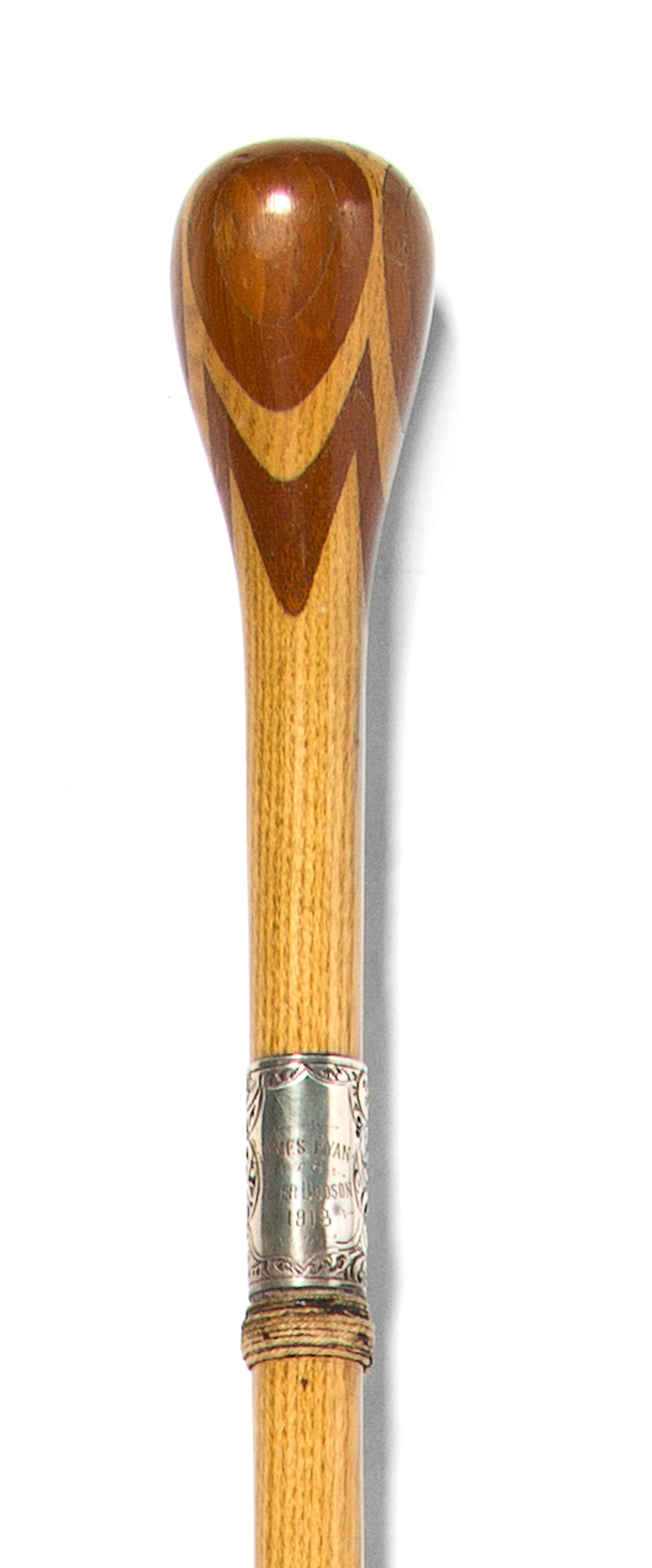 An English Silver Mounted Parquetry Walking Stick, M. Jacons & Co., Height overall 36 3/4 inches.