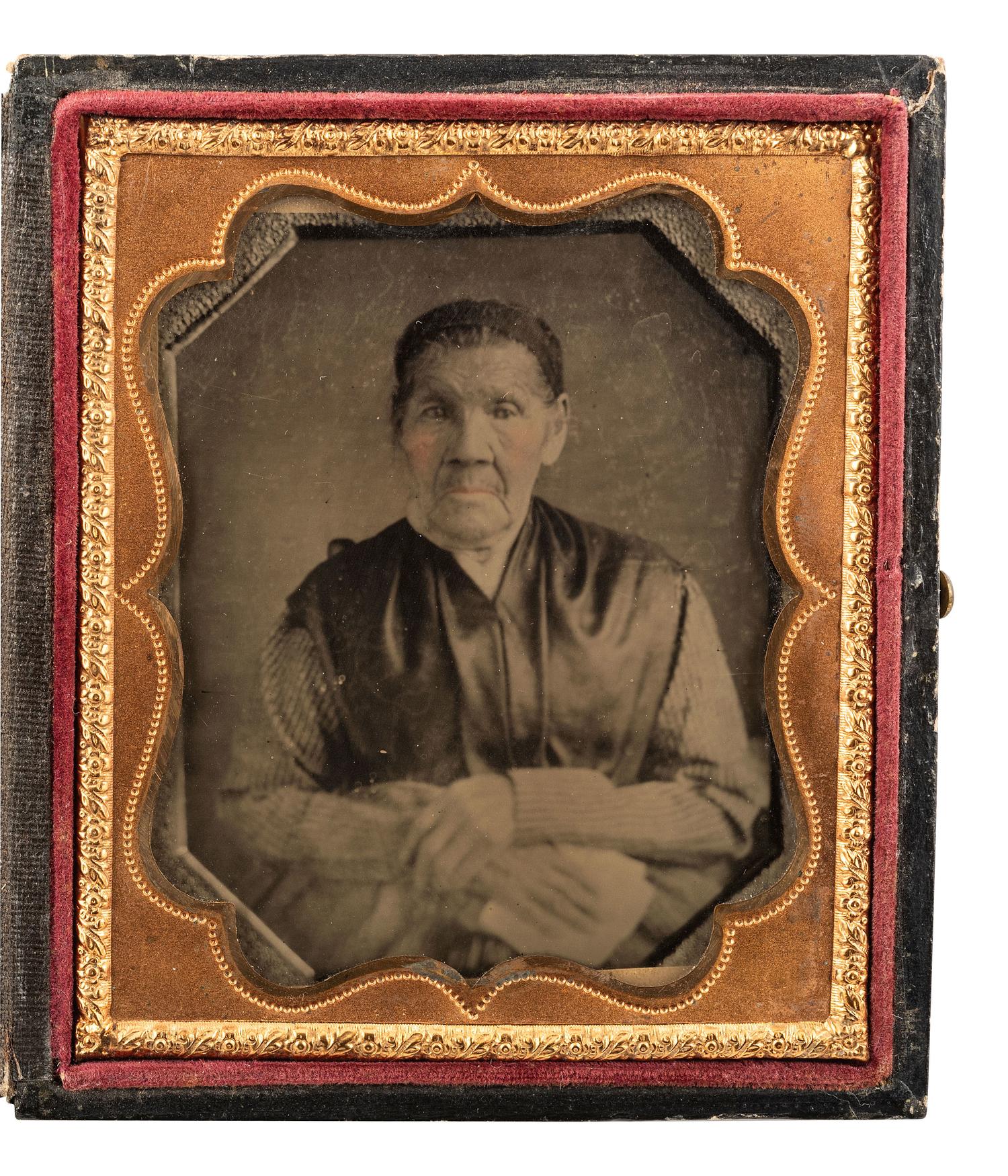 [NATIVE AMERICANS]. Sixth plate copy ruby ambrotype after a daguerreotype portrait of Eunice Mauwee (1756-1860) of the Schaghticoke Tribe.