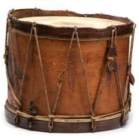 Civil War painted military snare drum featuring four drummers and officer. Manufactured by W.G. Metzerott & Co., Washington City, DC.