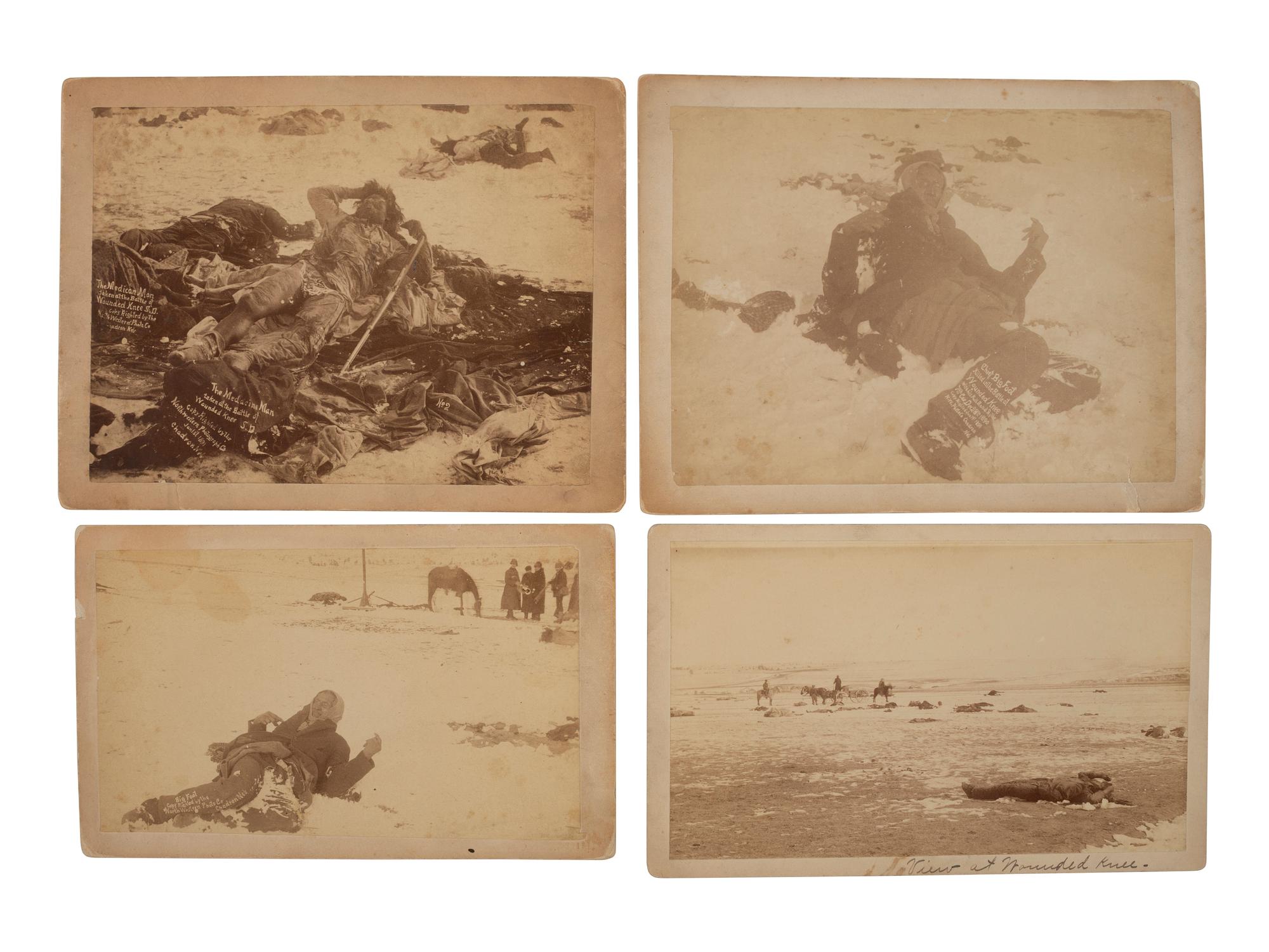 [WOUNDED KNEE]. Four photographs taken in the immediate aftermath of Wounded Knee, incl. views of the slain bodies of Chief Big Foot and the Medicine Man.