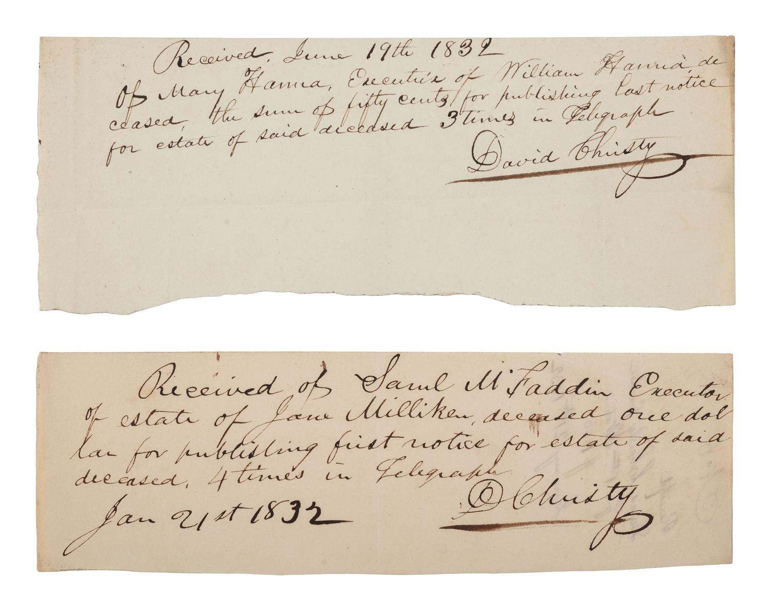 [AMERICAN COLONIZATION SOCIETY]. A group of 3 items related to American Colonization Society agents Ebenezer BURGESS and David CHRISTY. Ca 1830s.