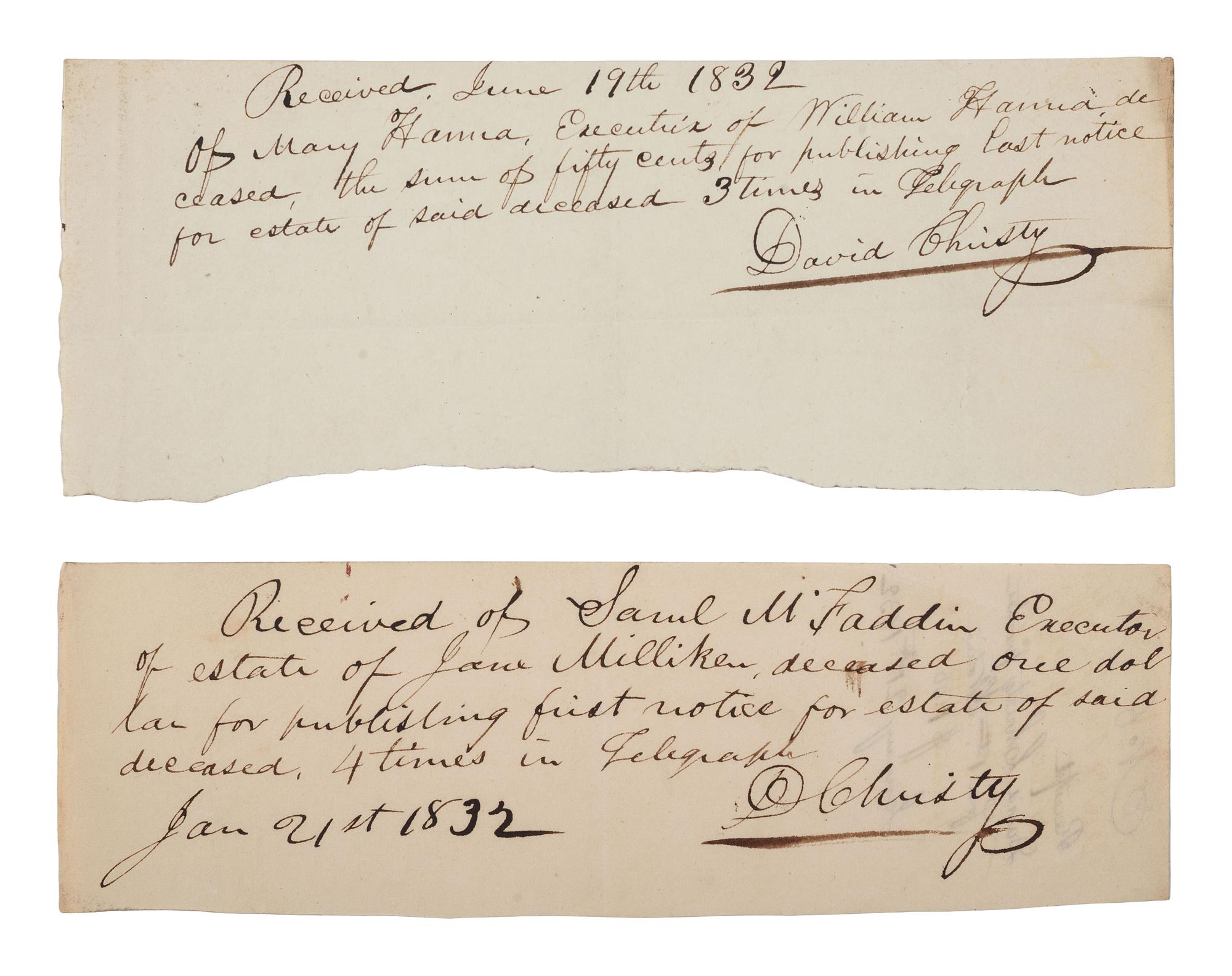 [AMERICAN COLONIZATION SOCIETY]. A group of 3 items related to American Colonization Society agents Ebenezer BURGESS and David CHRISTY. Ca 1830s.