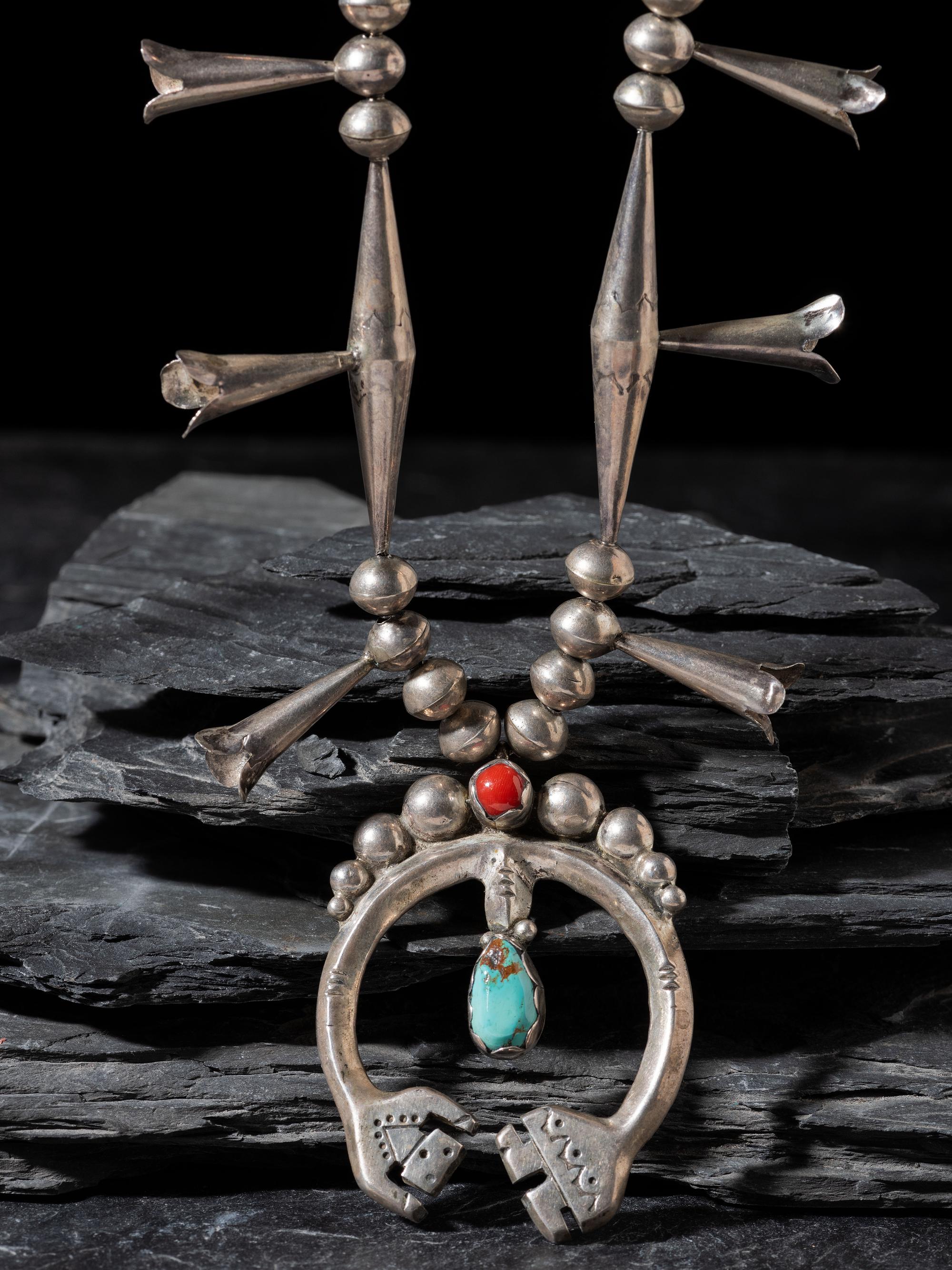 Navajo Silver Squash Blossom Necklace, with Rainbow Man Naja
