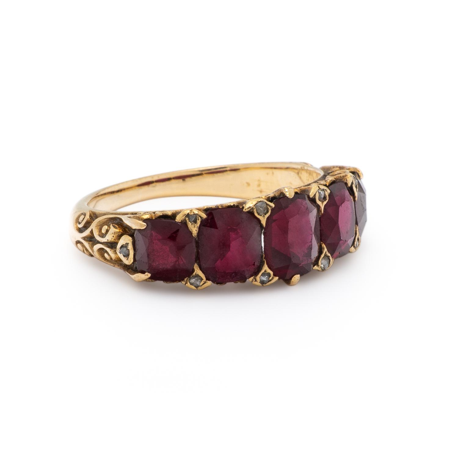 ANTIQUE, GARNET, DIAMOND, AND YELLOW GOLD RING