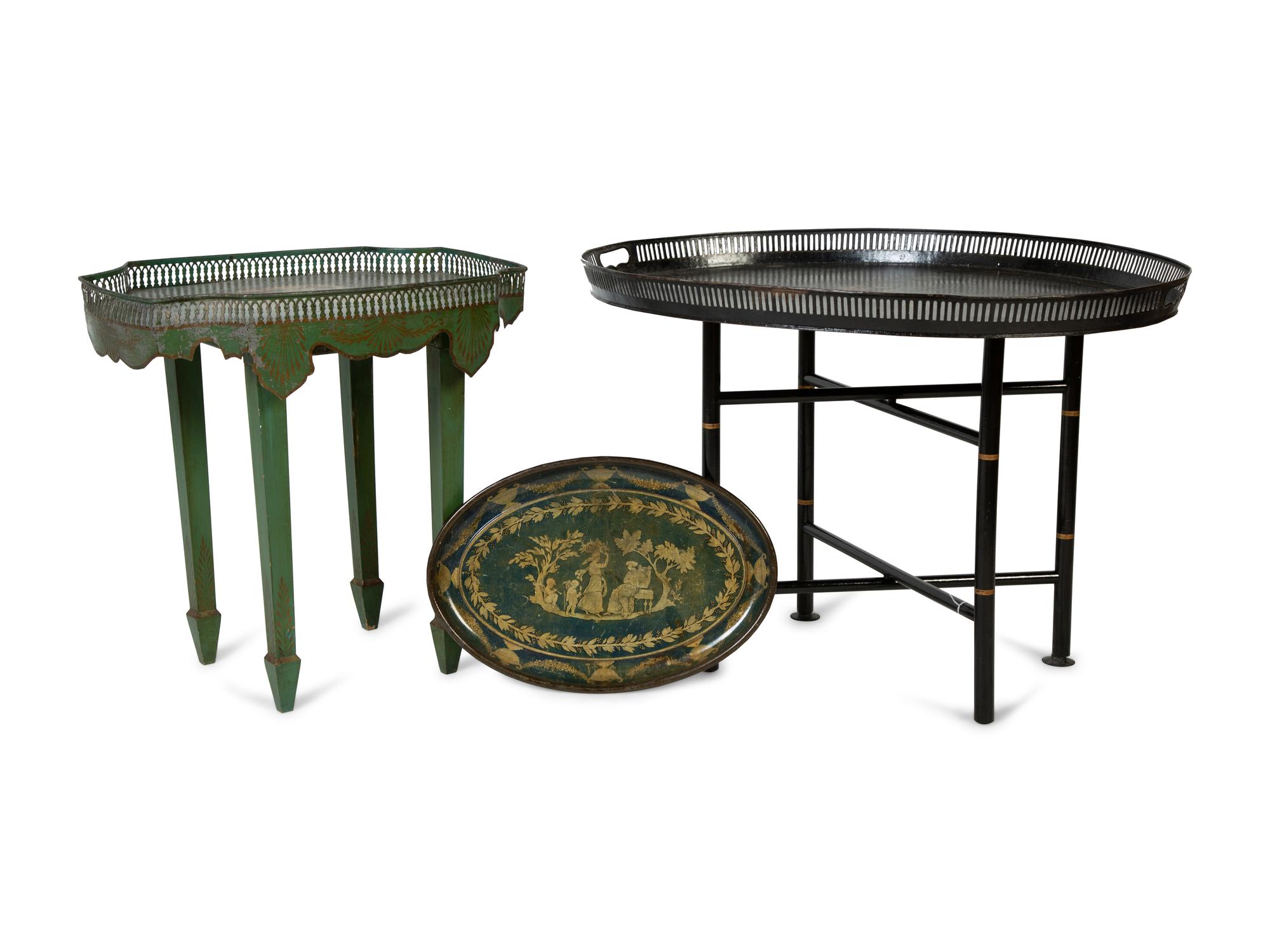 Two Regency Style Tole Tables and a Small Oval Tray — EARLY 20TH CENTURY