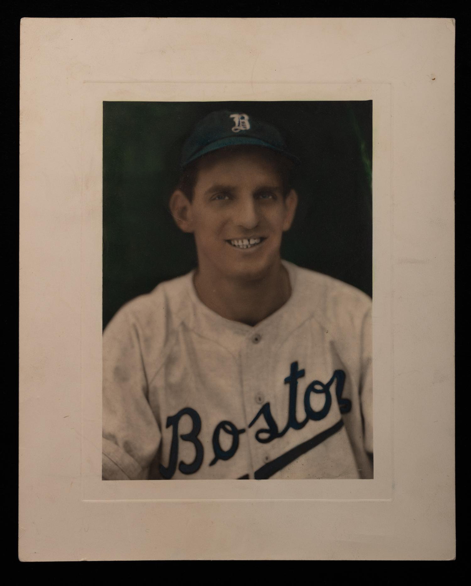 A Group of Don Manno Personal Boston Bees / Boston Braves Baseball Items Including Original George Burke Photograph and Wood Cut Stand Up,