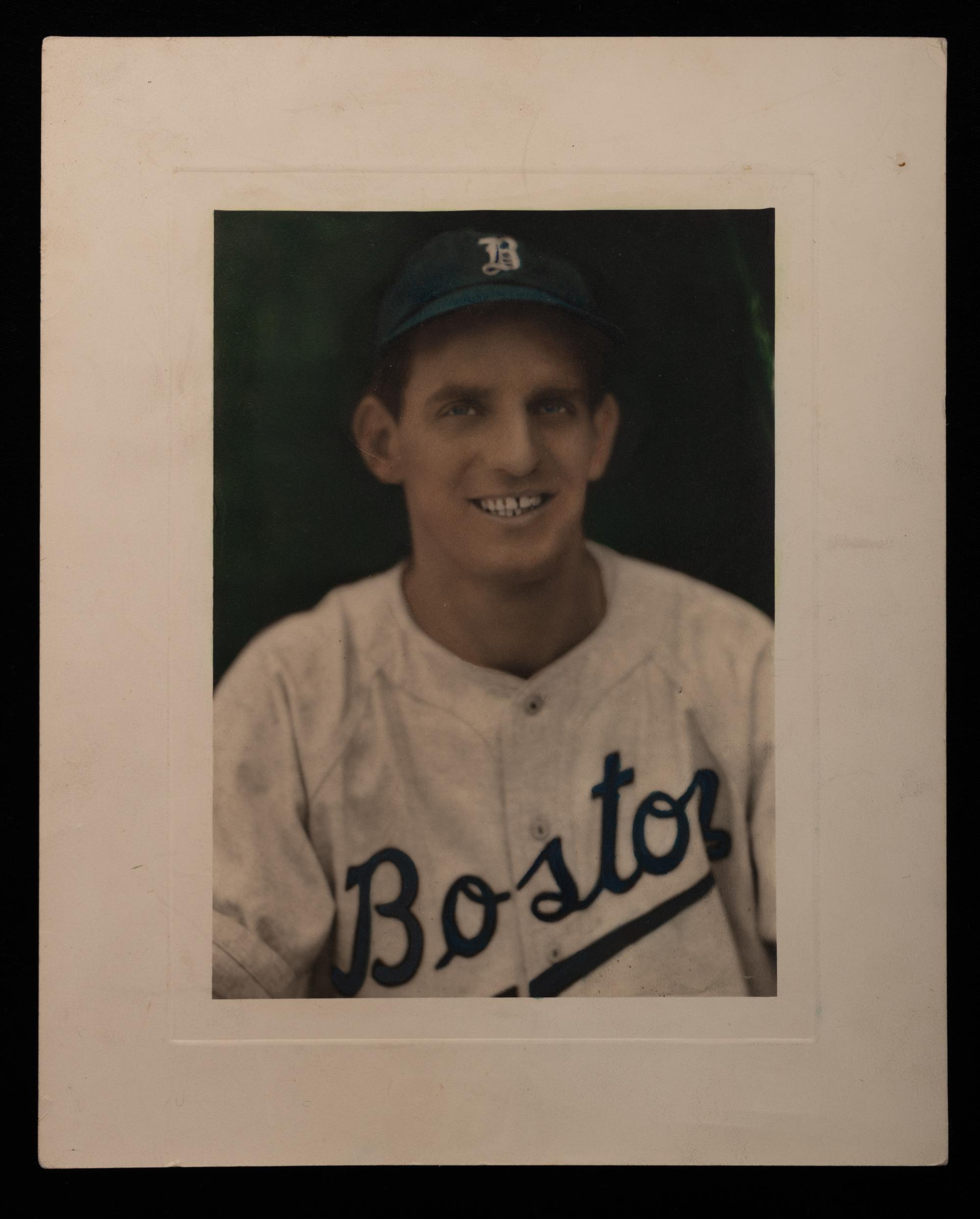 A Group of Don Manno Personal Boston Bees / Boston Braves Baseball Items Including Original George Burke Photograph and Wood Cut Stand Up,