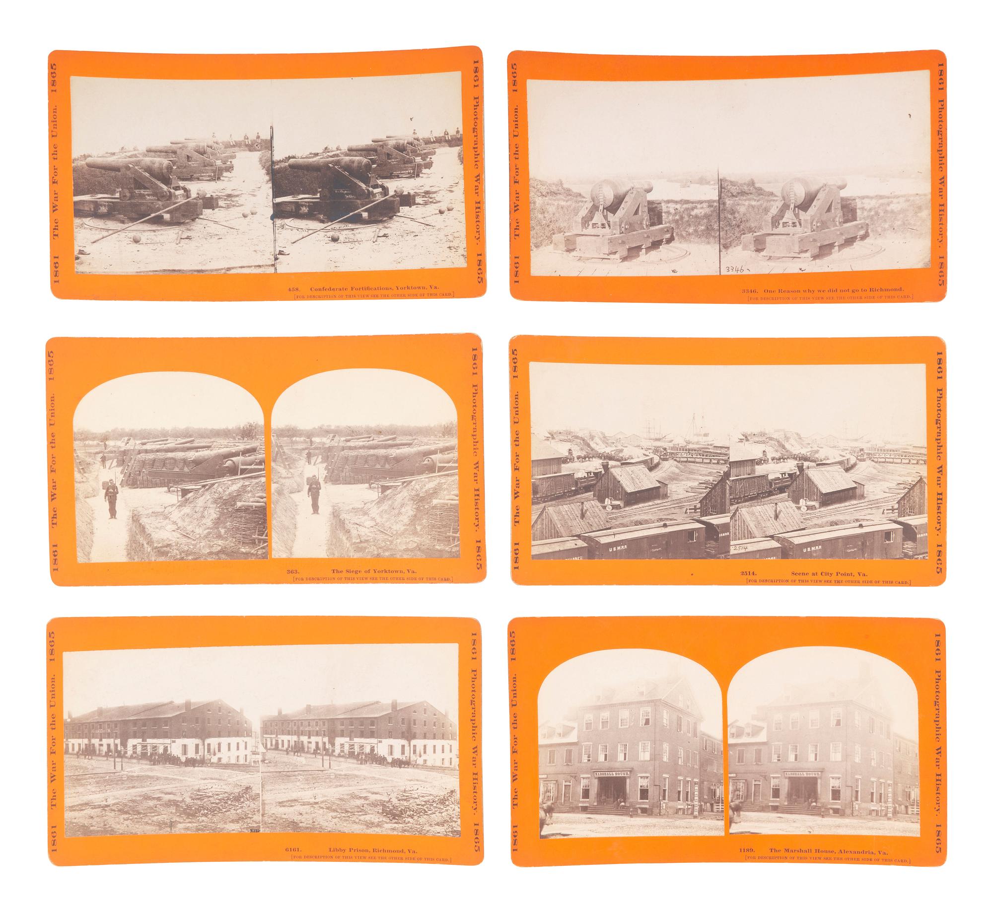 [CIVIL WAR]. A group of 24 stereoviews featuring scenes around Virginia including artillery, fortifications, Confederate prisons, and other subjects. Hartford, CT: Taylor & Huntington, ca 1890s.