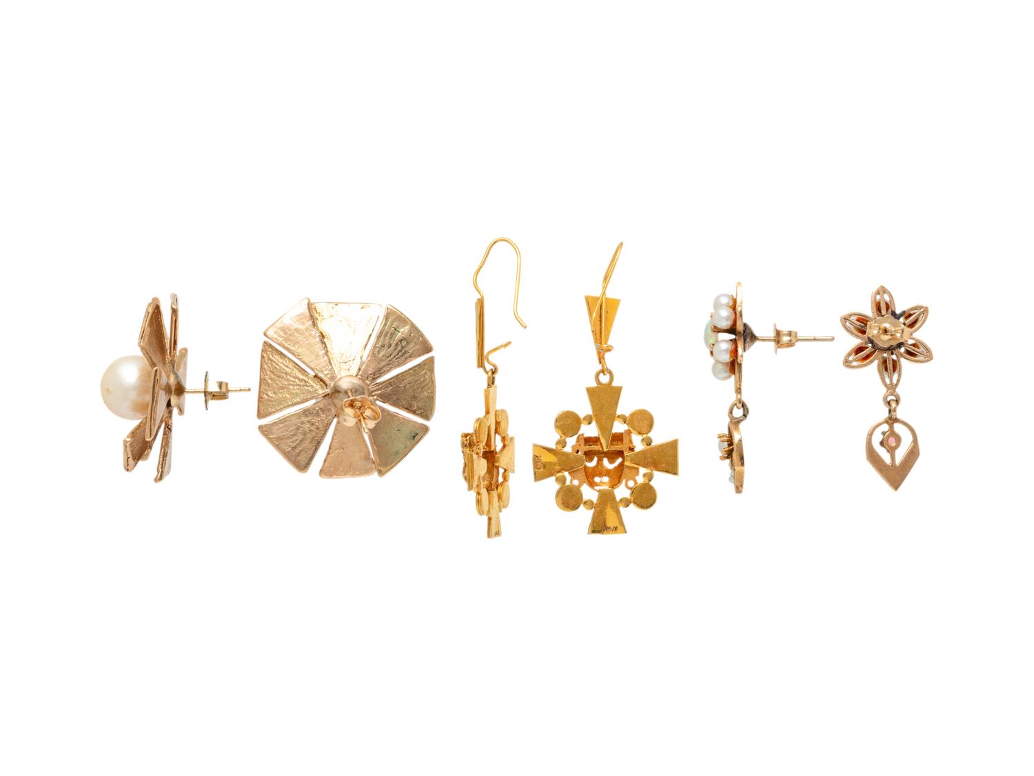THREE PAIRS OF YELLOW GOLD AND GEMSTONE EARRINGS