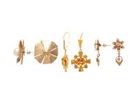 THREE PAIRS OF YELLOW GOLD AND GEMSTONE EARRINGS