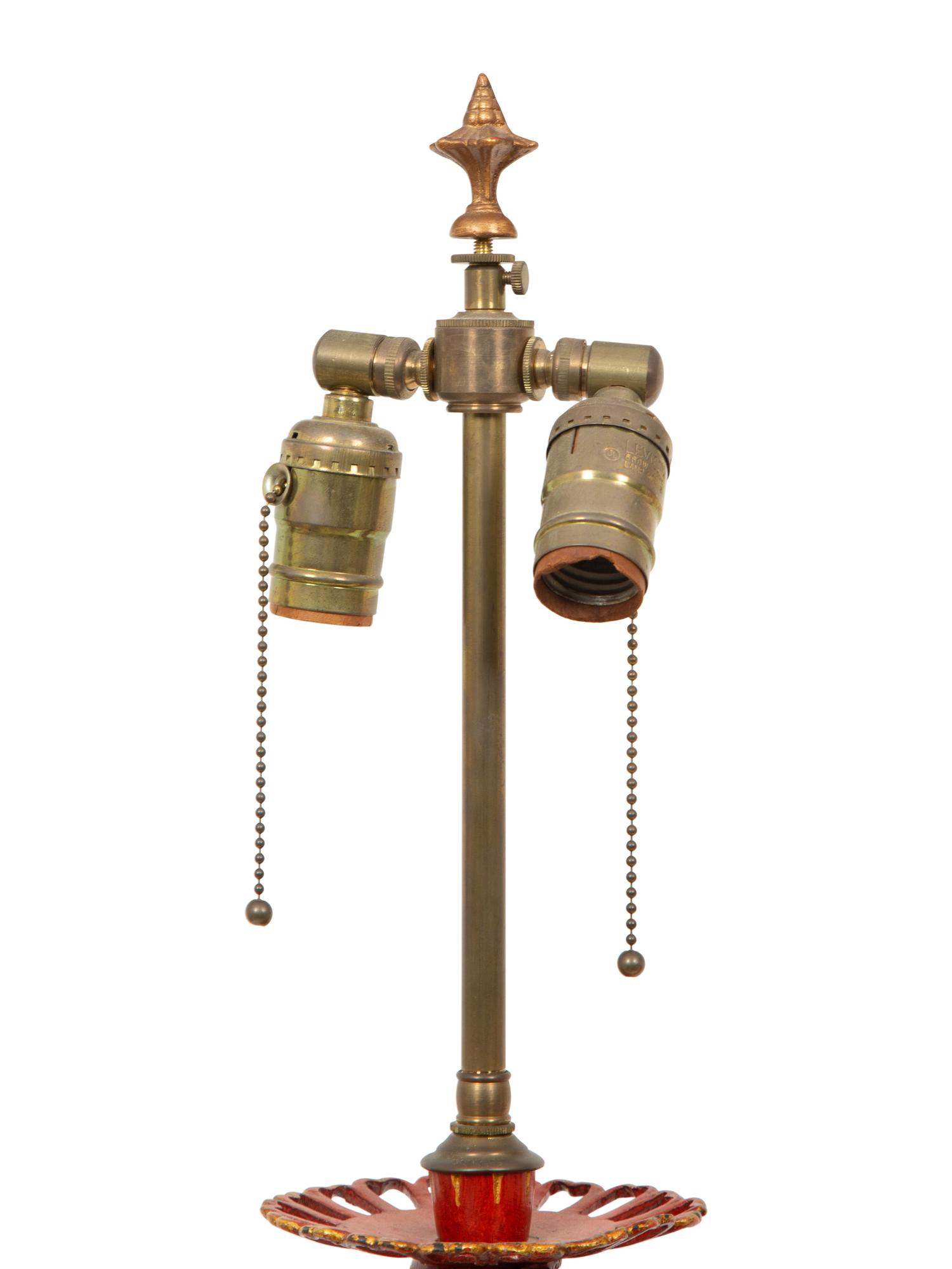 A Pair of Chinese Design Red-Painted and Parcel Gilt Reticulated Metal Table Lamps