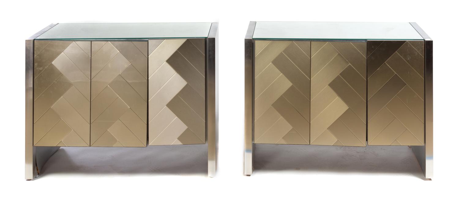 A Pair of Brushed Steel Veneered Side Cabinets Height 29 x width 39 1/2 x depth 21 1/4 inches. — SECOND HALF 20TH CENTURY