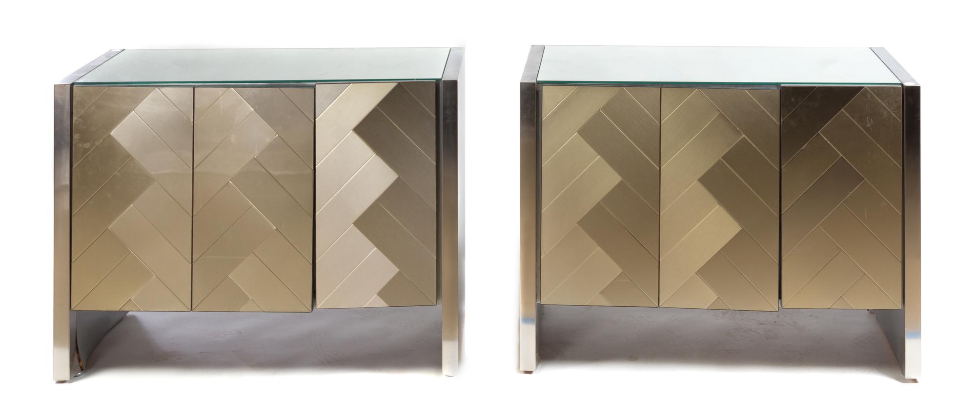 A Pair of Brushed Steel Veneered Side Cabinets Height 29 x width 39 1/2 x depth 21 1/4 inches. — SECOND HALF 20TH CENTURY