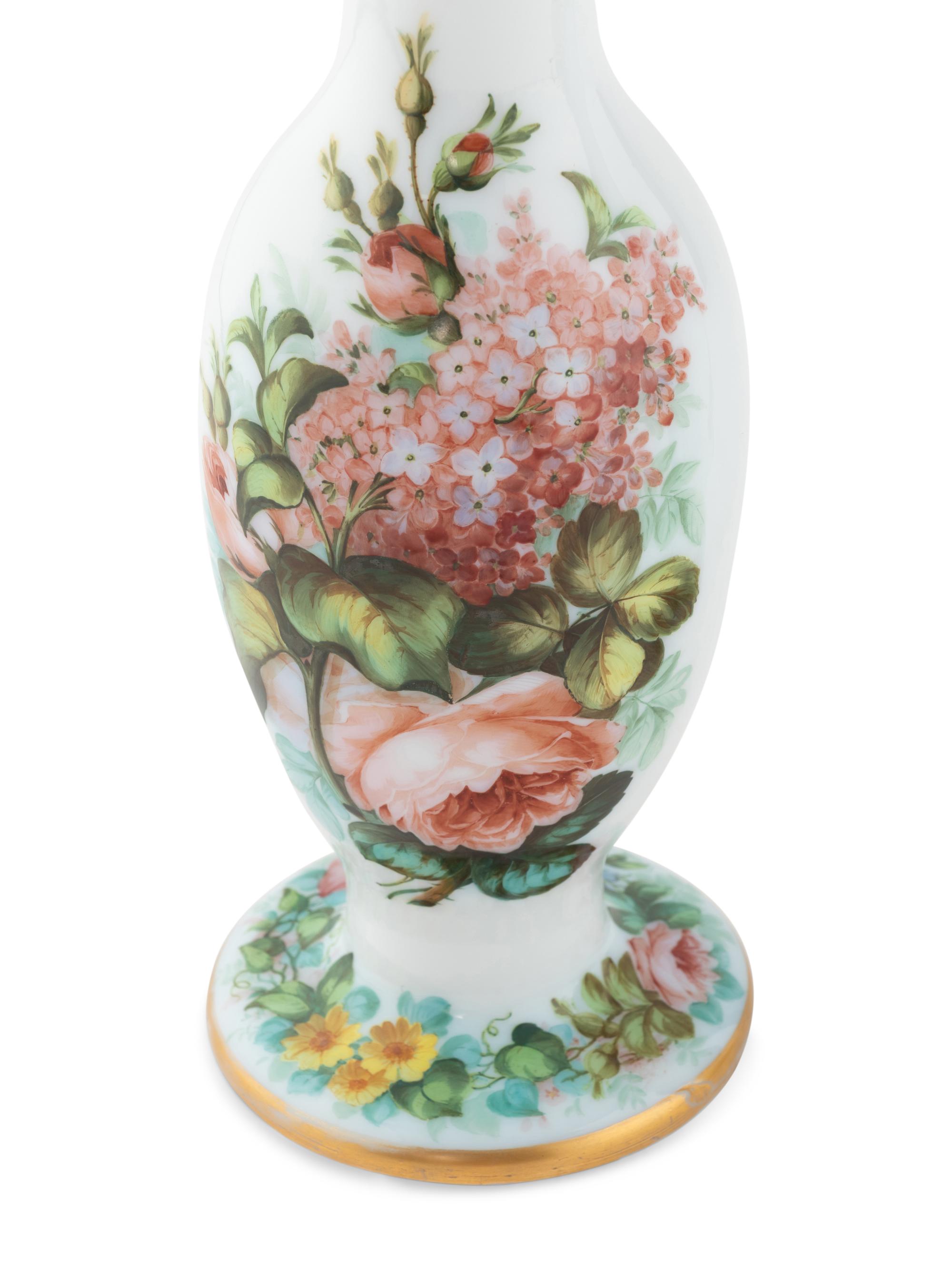 A Pair of French Opaline Glass Painted Vases