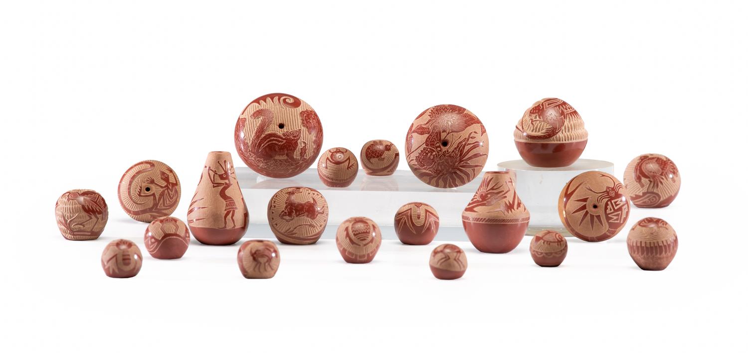 Collection of Miniature Sgraffito Redware Seed Jars Lot is located and will ship from Cincinnati, Ohio.