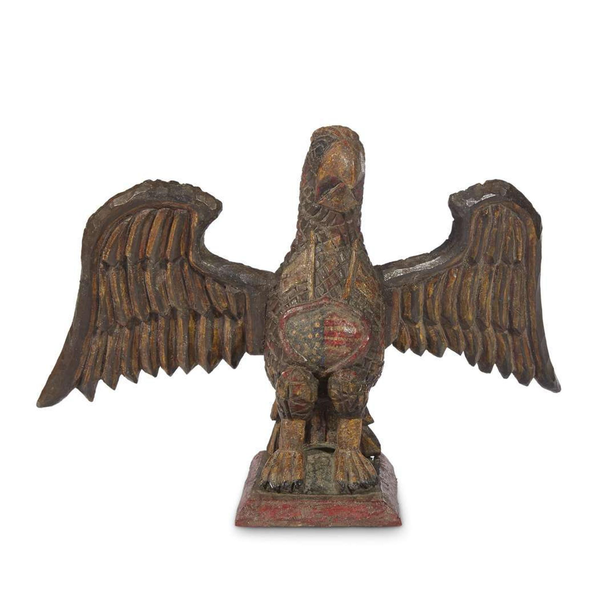 Carved and painted eagle with American flags and shield in the manner of Wilhelm Schimmel (1817-1890) Robert Stauffer, late 20th century
