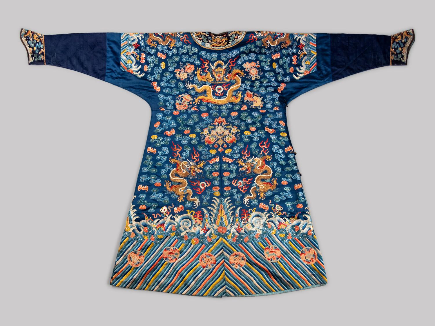 A Blue Ground Embroidered Silk Dragon Robe, Jifu